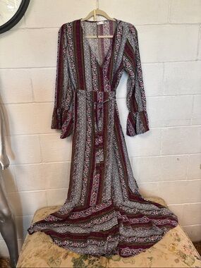 Striped Floral V-Neck Maxi Dress in Burgundy and Black